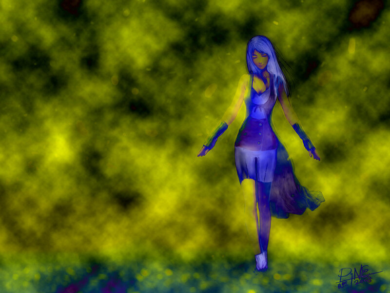 blue-haired woman in glowing mist