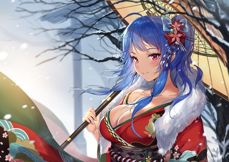 Blue-haired Woman in Kimono — Red