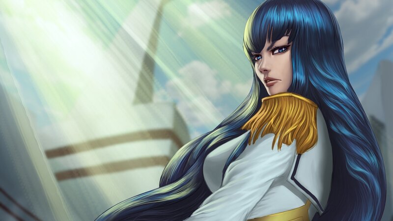 Blue-haired Woman in Uniform — Blue, Dramatic