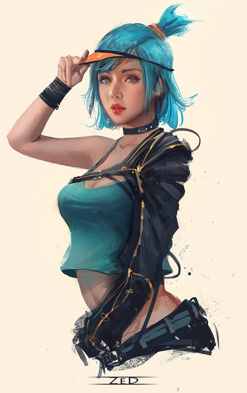 Blue-haired Woman in Visor