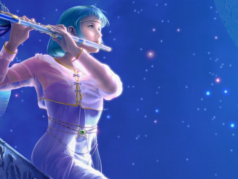 Blue-haired Woman Playing Flute — Blue