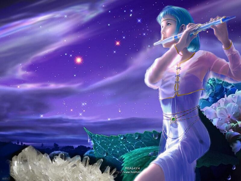 Blue-haired Woman Playing Flute — Purple