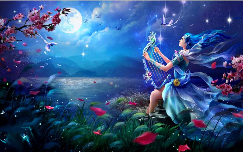 Blue-haired Woman Playing Harp