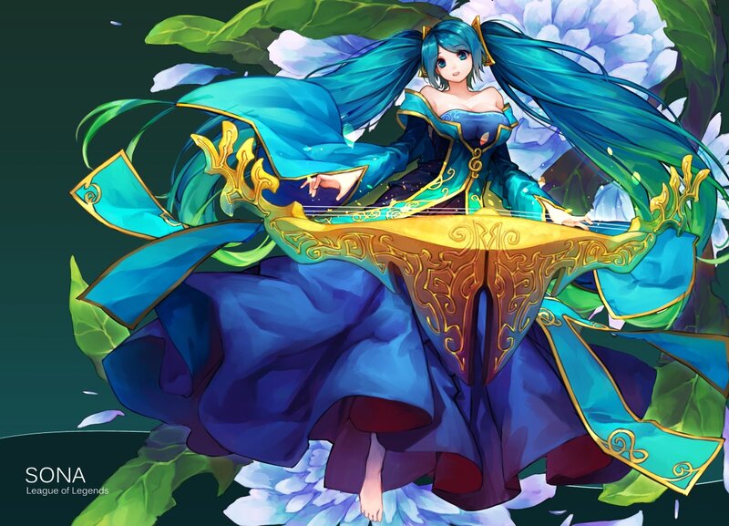 Blue-haired Woman Playing Lute — Blue, Serene