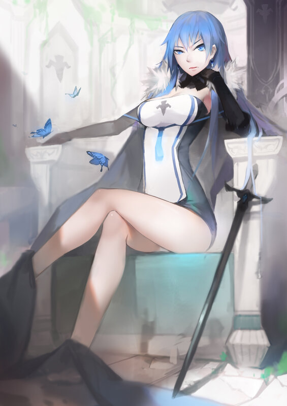Blue-haired Woman Sitting — Blue, Dramatic