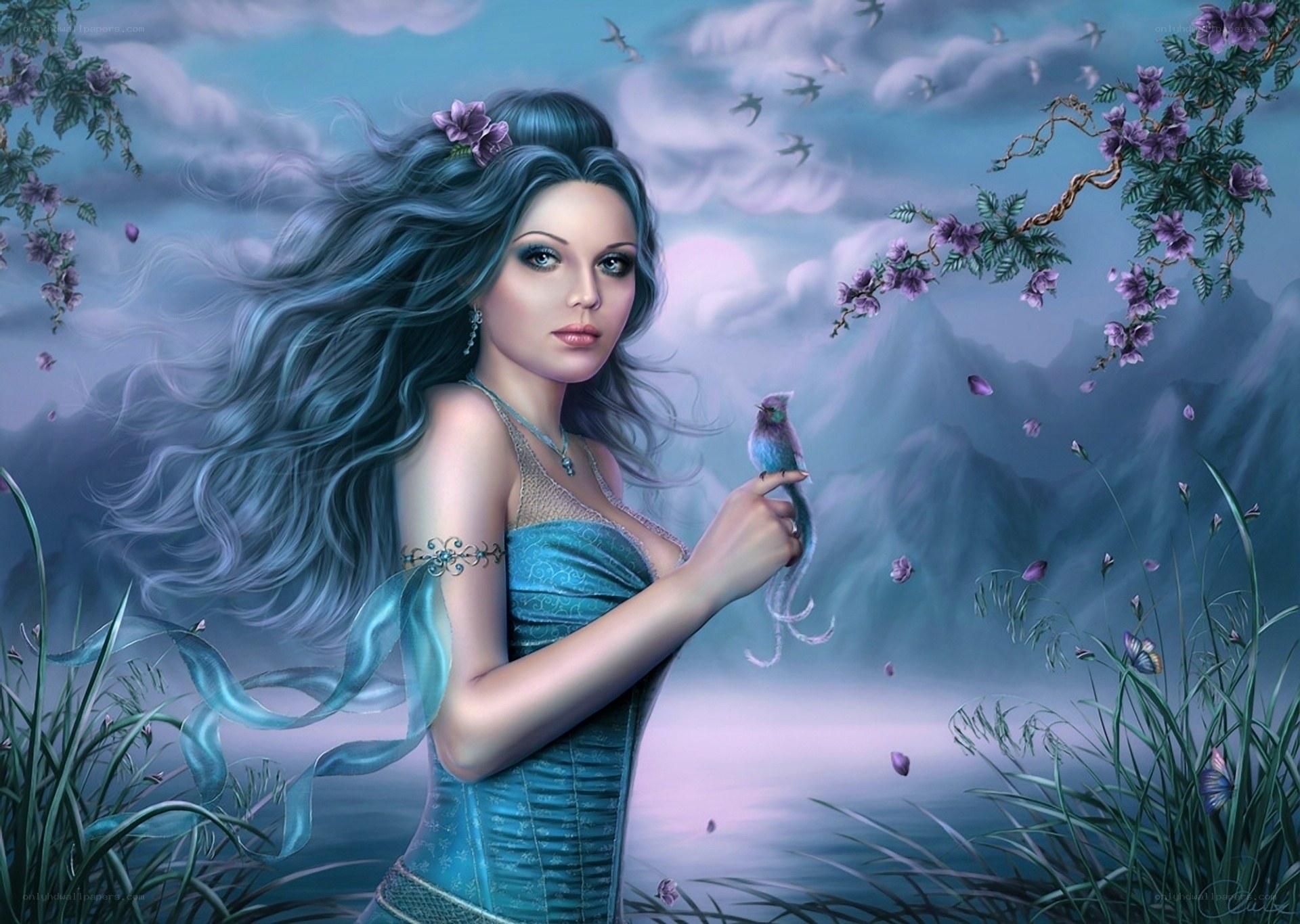 Blue-haired woman with bird