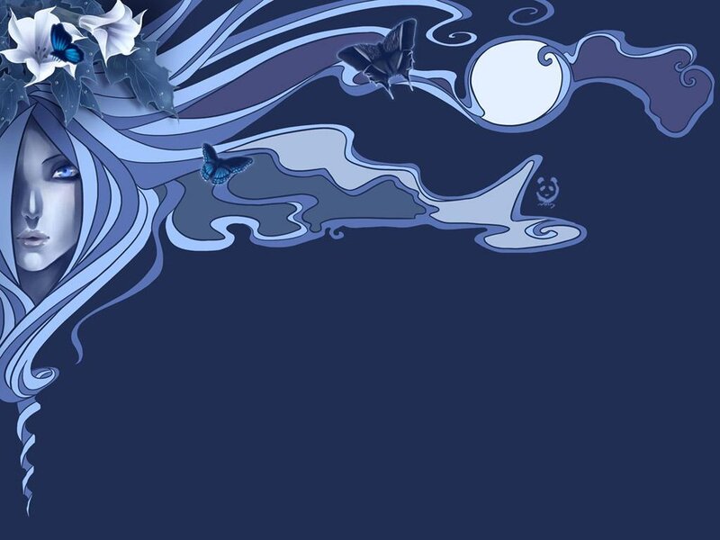 blue-haired woman with butterflies