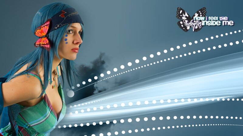 blue-haired woman with butterfly