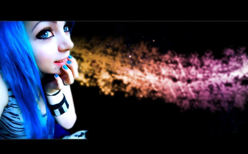 blue-haired woman with colorful background