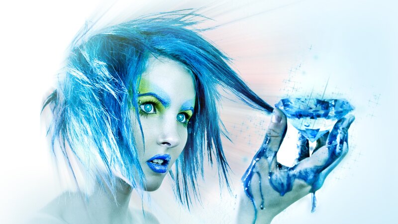 blue-haired woman with diamond