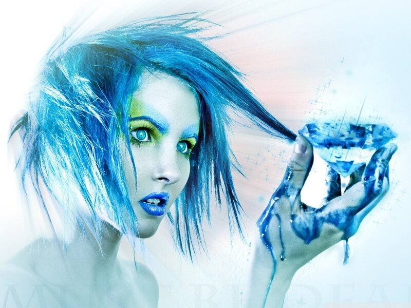 blue-haired woman with diamond