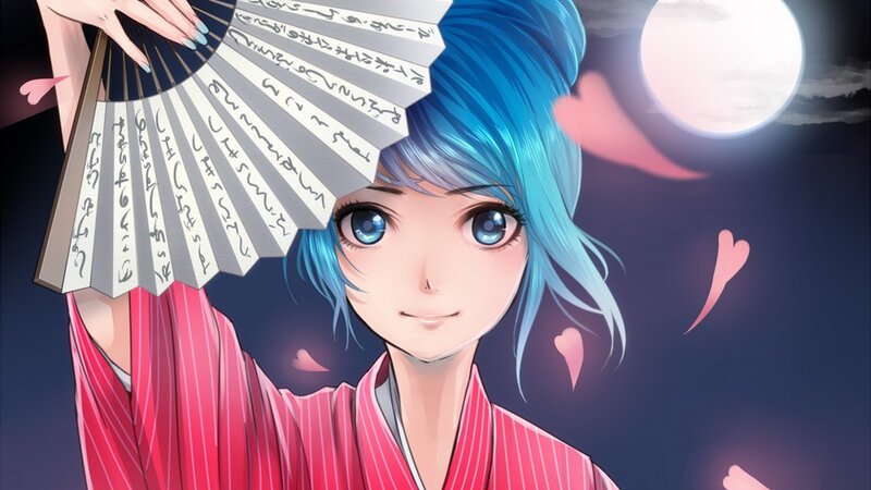 Blue-haired Woman with Fan