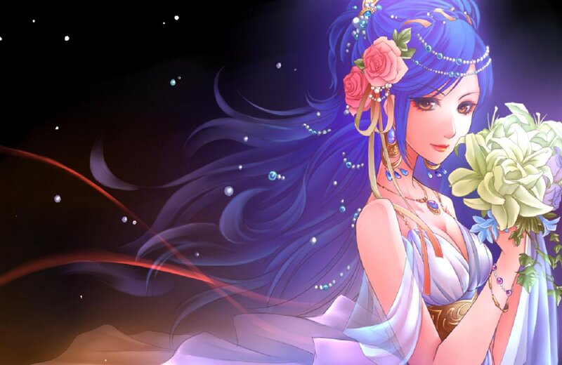 Blue-haired Woman with Flowers