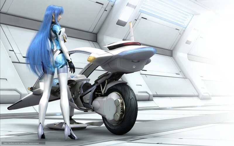 blue-haired woman with futuristic motorcycle