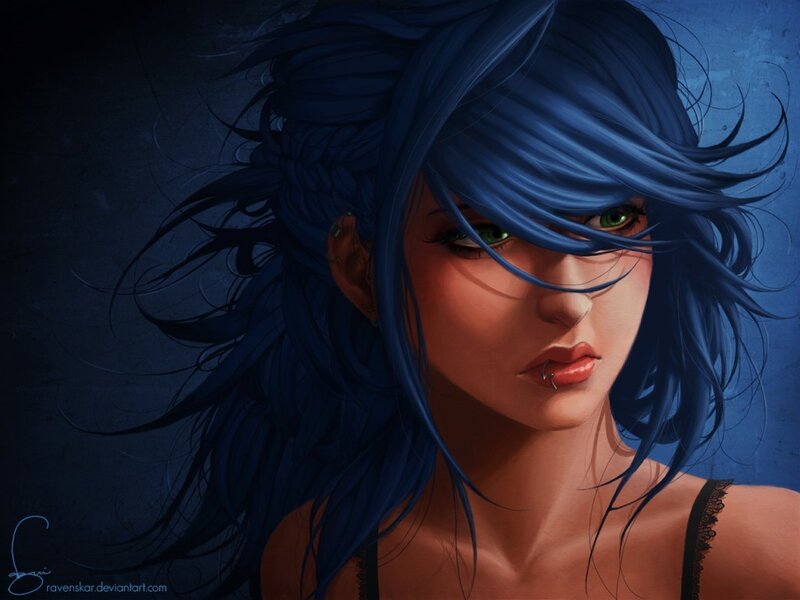 blue-haired woman with green eyes