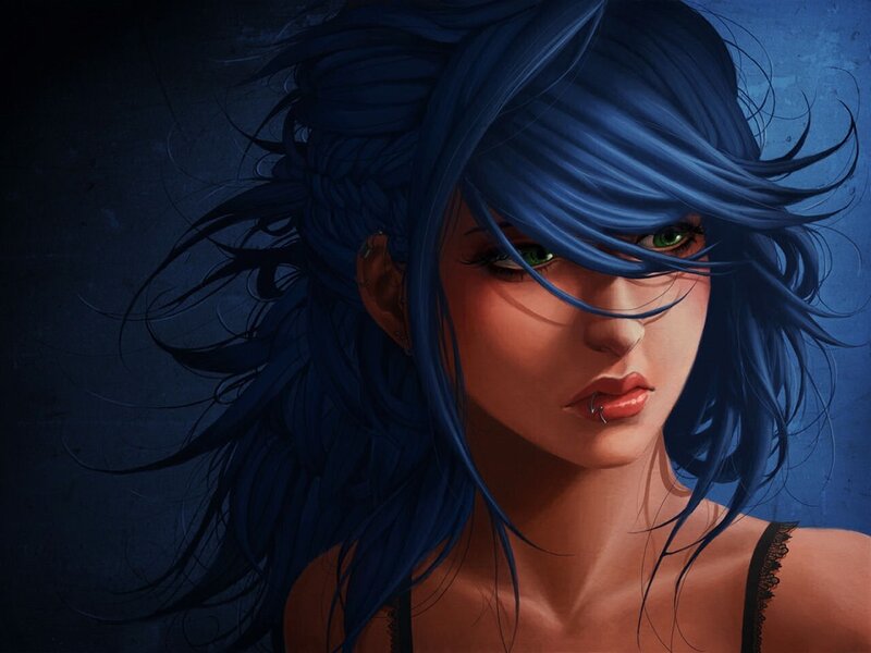 blue-haired woman with green eyes