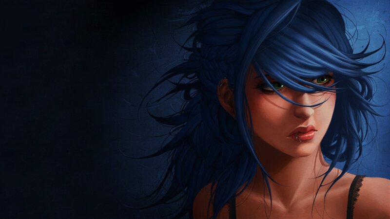 blue-haired woman with green eyes