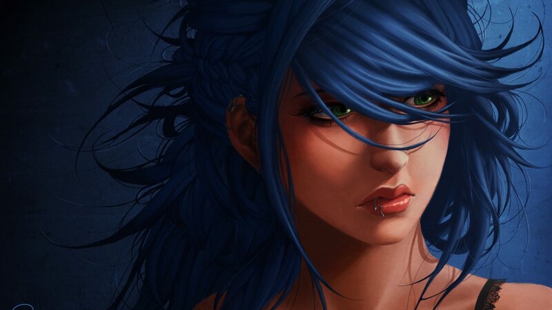 blue-haired woman with green eyes