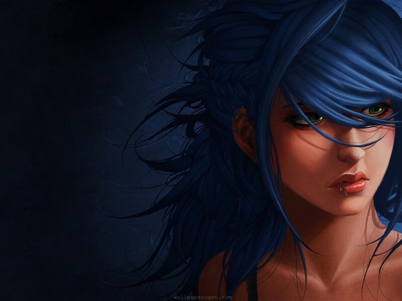 blue-haired woman with green eyes