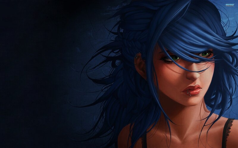 blue-haired woman with green eyes