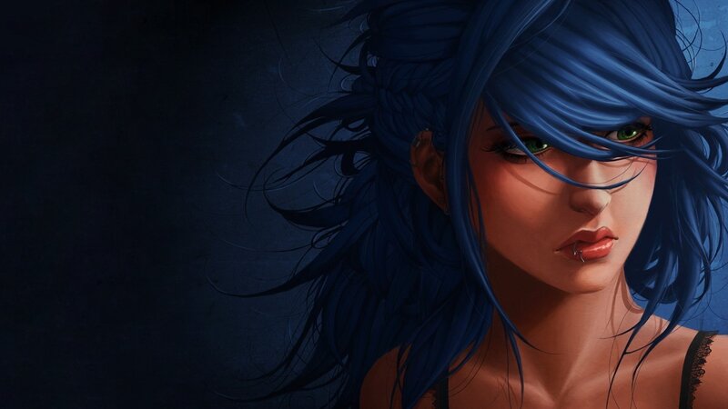 blue-haired woman with green eyes