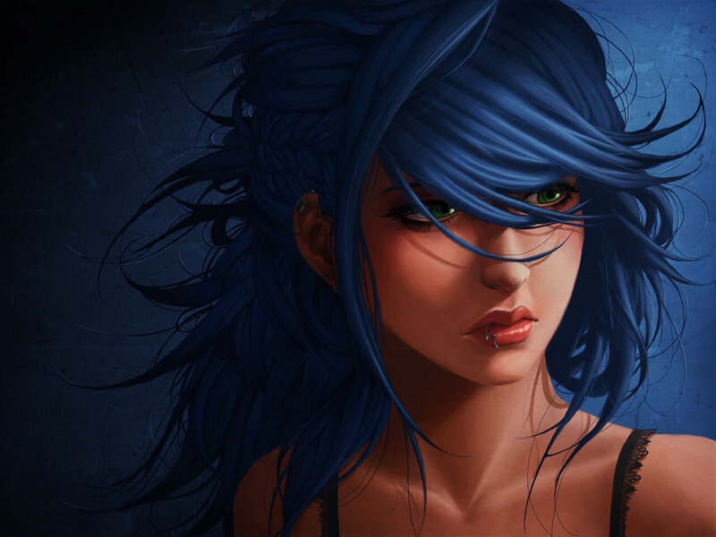 blue-haired woman with green eyes