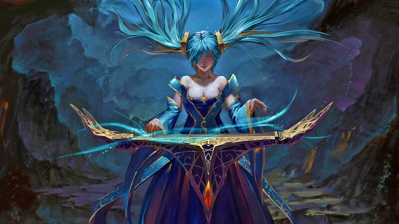 Blue-haired Woman with Harp — Blue, Dramatic