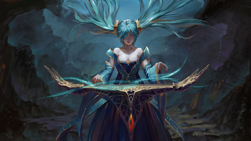 Blue-haired Woman with Harp