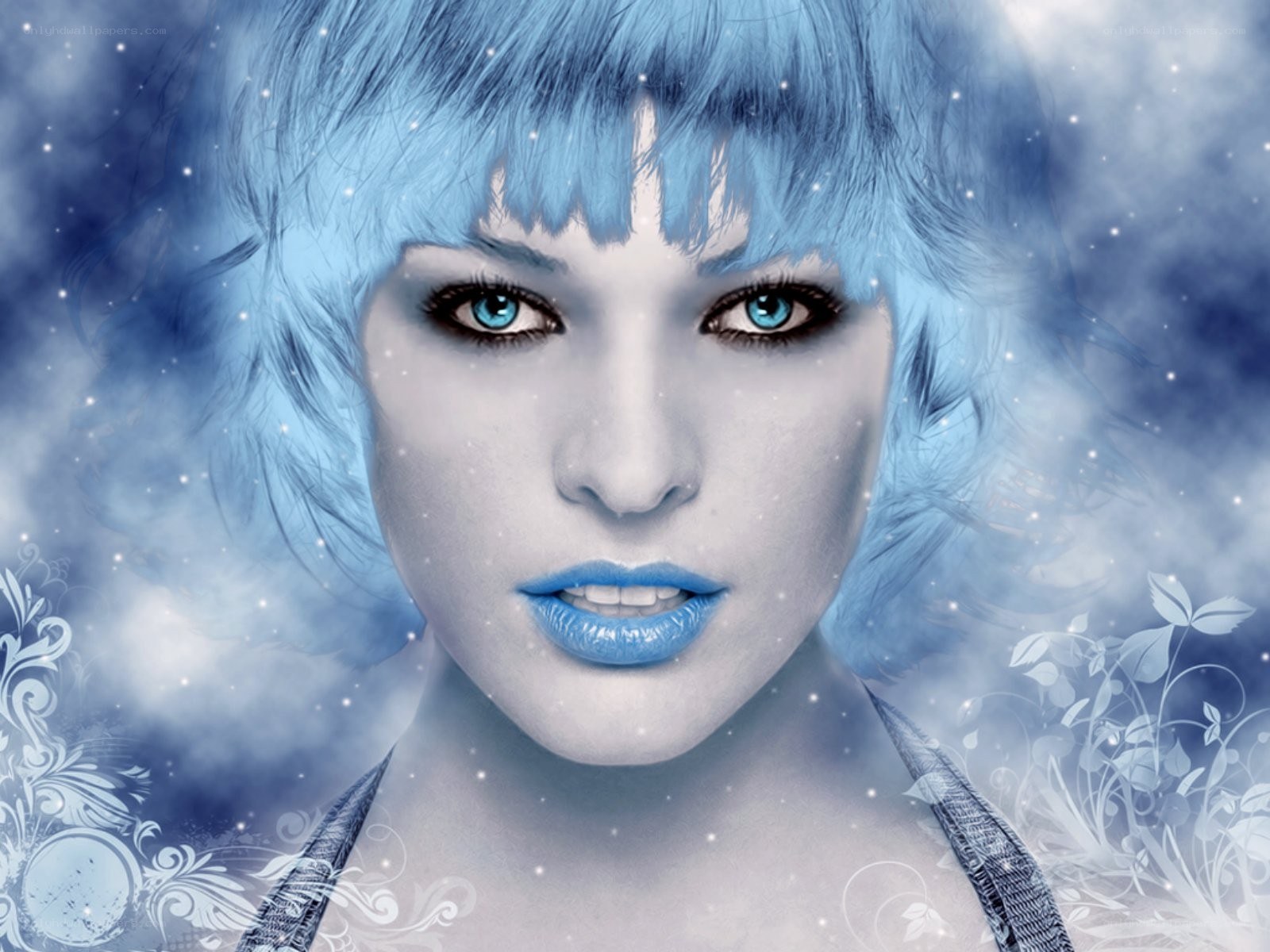 blue-haired woman with icy theme