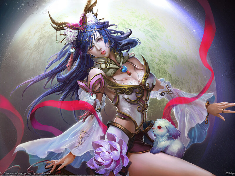 Blue-haired Woman with Rabbit — Purple, Dramatic, Night, Digital Art