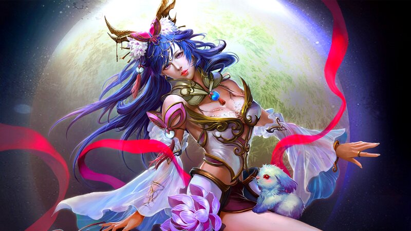 Blue-haired Woman with Rabbit — Purple, Dramatic, Night