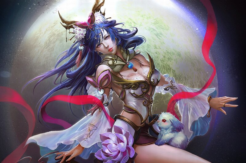 Blue-haired Woman with Rabbit — Purple, Dramatic