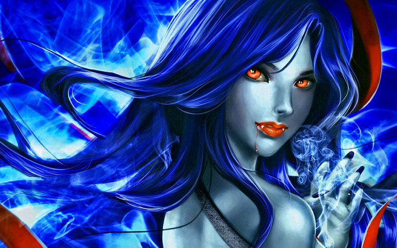 Blue-haired Woman with Red Eyes — Blue, Dramatic, Digital Art