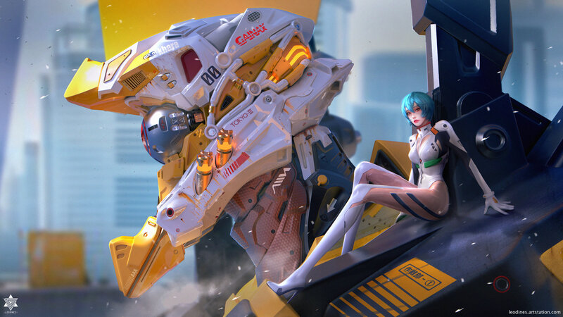 Blue-haired Woman with Robot