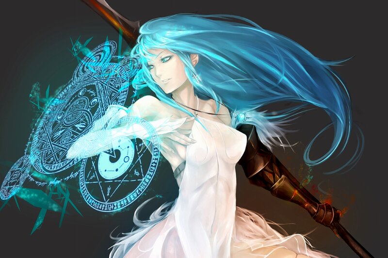 Blue-haired Woman with Staff — Blue, Dramatic, Digital Art