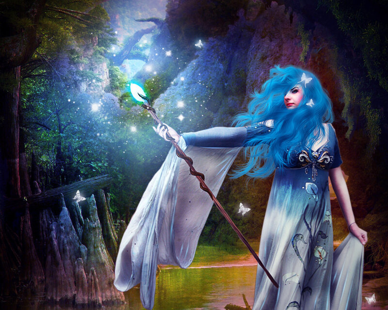 Blue-haired Woman with Staff — Blue, Magical