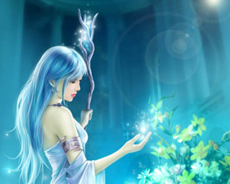 Blue-haired Woman with Staff — Blue, Serene