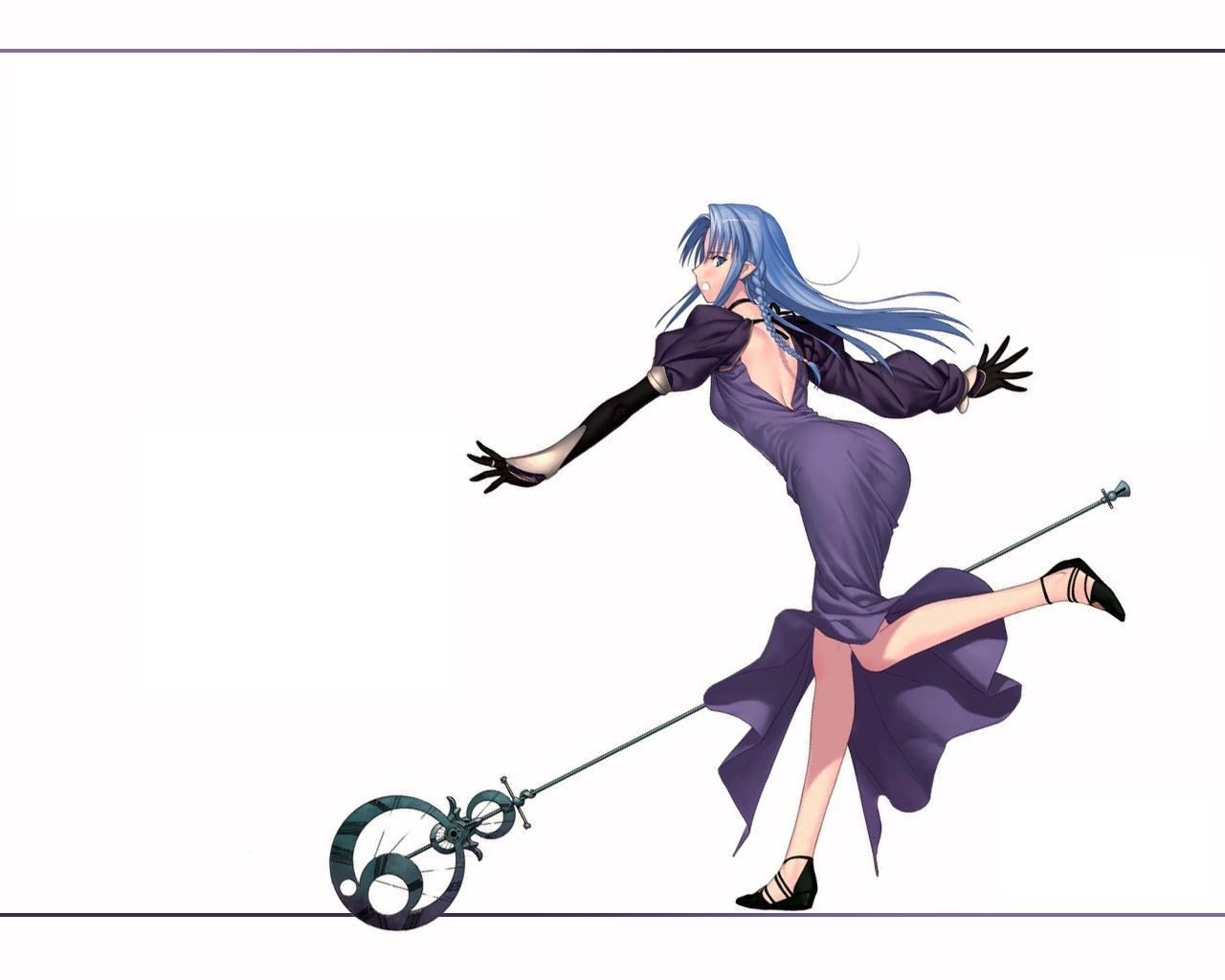 blue-haired woman with staff