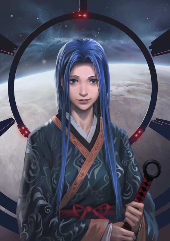 Blue-haired Woman with Sword — Blue, Dramatic, Night