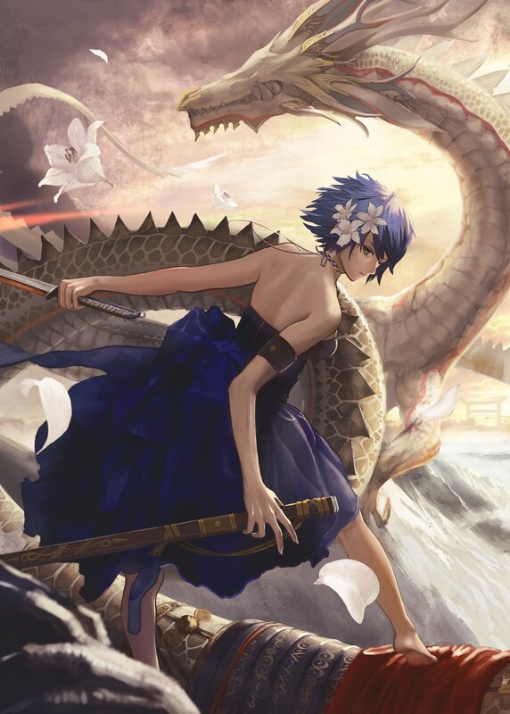 Blue-haired Woman with Sword — Blue, Dramatic, Sunset