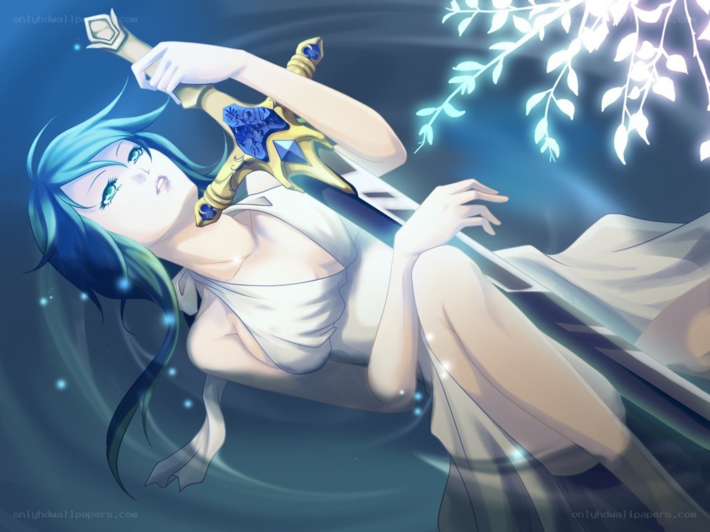 blue-haired woman with sword