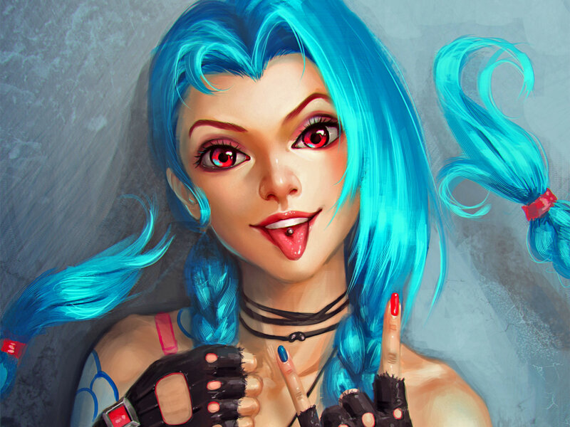 Blue-haired Woman with Tongue Out