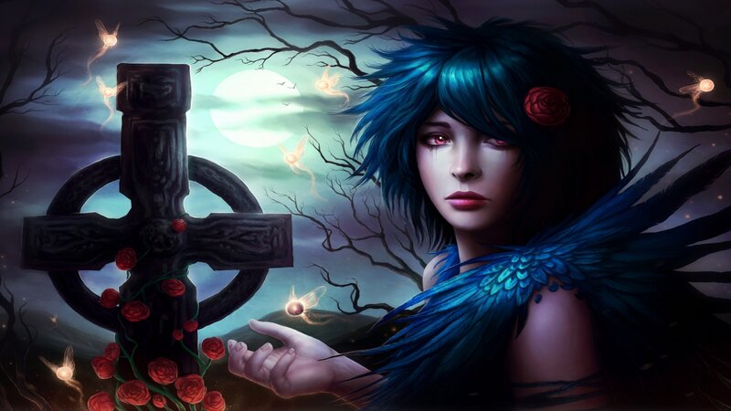 Blue-haired Woman with Wings — Blue, Dark, Night