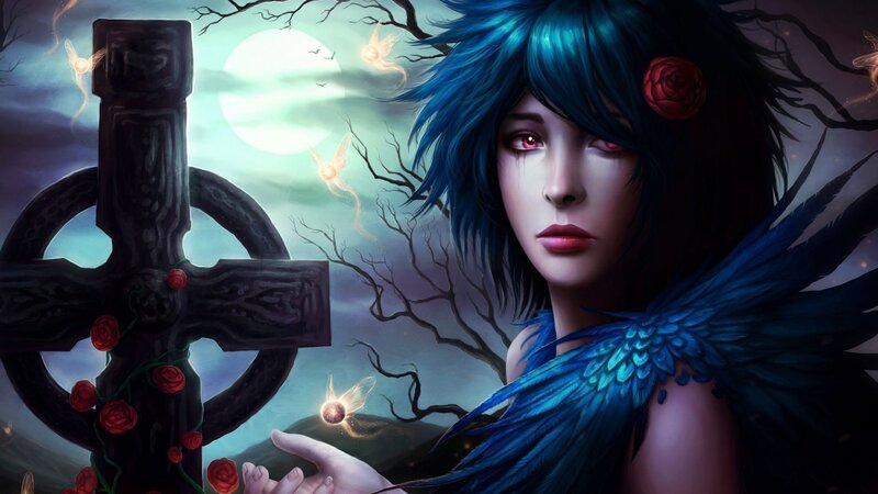 Blue-haired Woman with Wings — Blue, Dramatic, Night, Digital Art