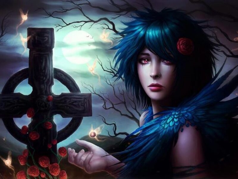 Blue-haired Woman with Wings — Blue, Dramatic, Night