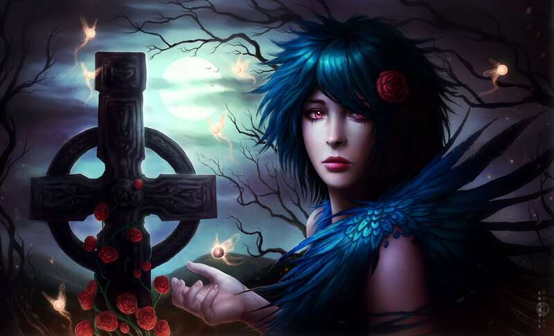 Blue-haired Woman with Wings — Blue, Dramatic