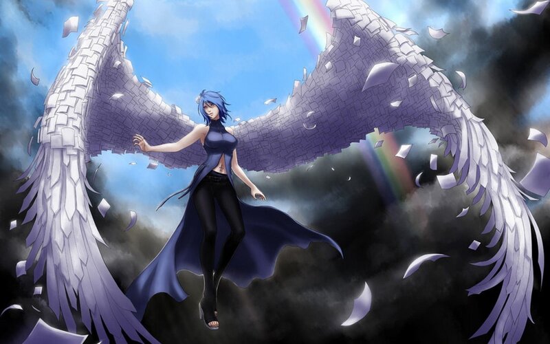 Blue-haired Woman with Wings — Purple, Dramatic, Anime