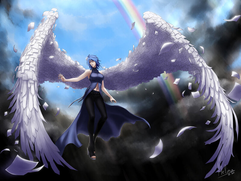 Blue-haired Woman with Wings — Purple, Dramatic, Digital Art