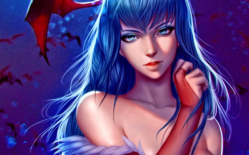 Blue-haired Woman with Wings — Purple, Dramatic, Night, Digital Art
