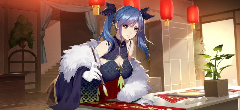 Blue-haired Woman Writing